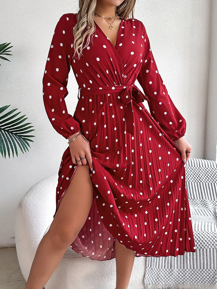 Tied Polka Dot Long Sleeve Midi Dress | Trendsi