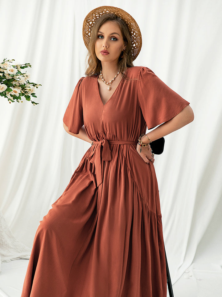 Plus Size V-Neck Flutter Sleeve Midi Dress | Trendsi