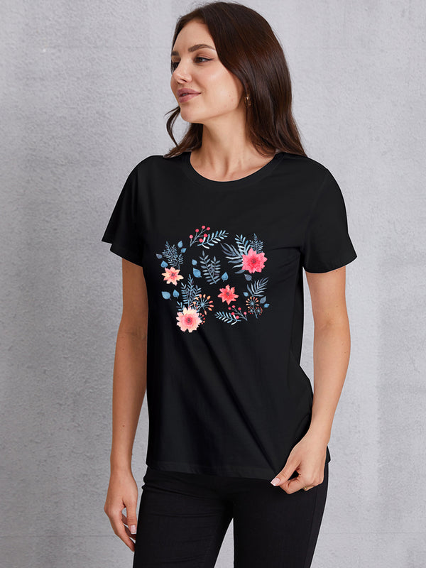 Flower Round Neck Short Sleeve T-Shirt | Trendsi