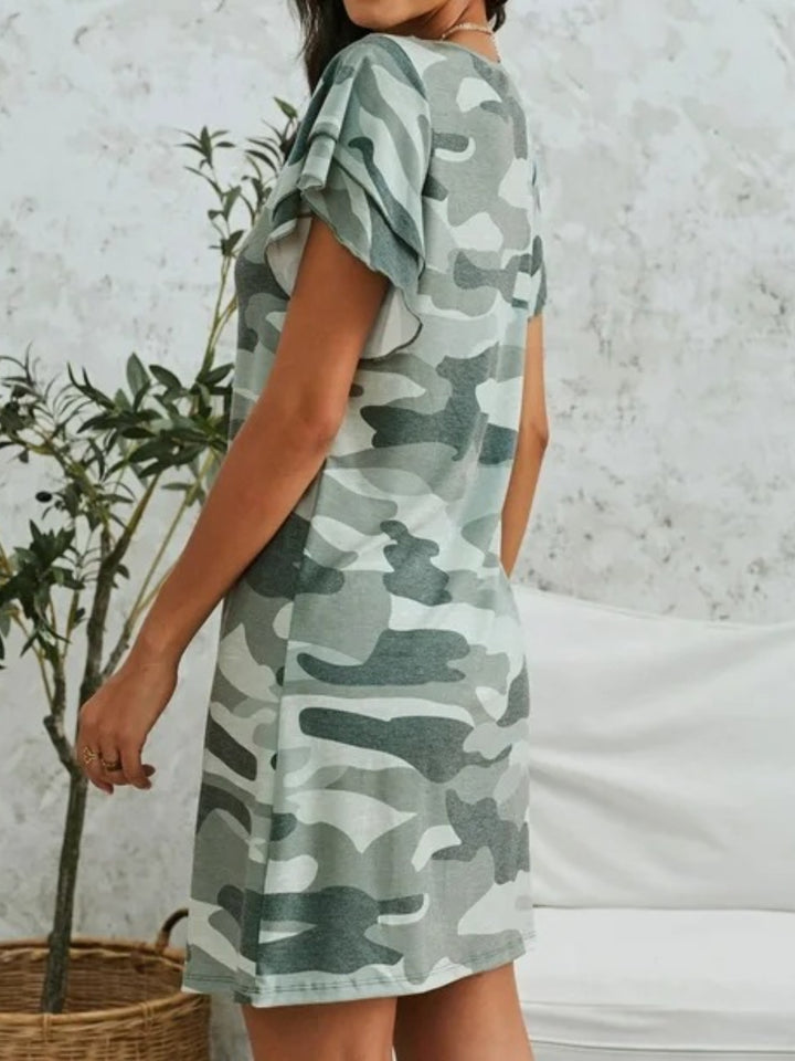 Camouflage Round Neck Short Sleeve Mini Dress | Trendsi