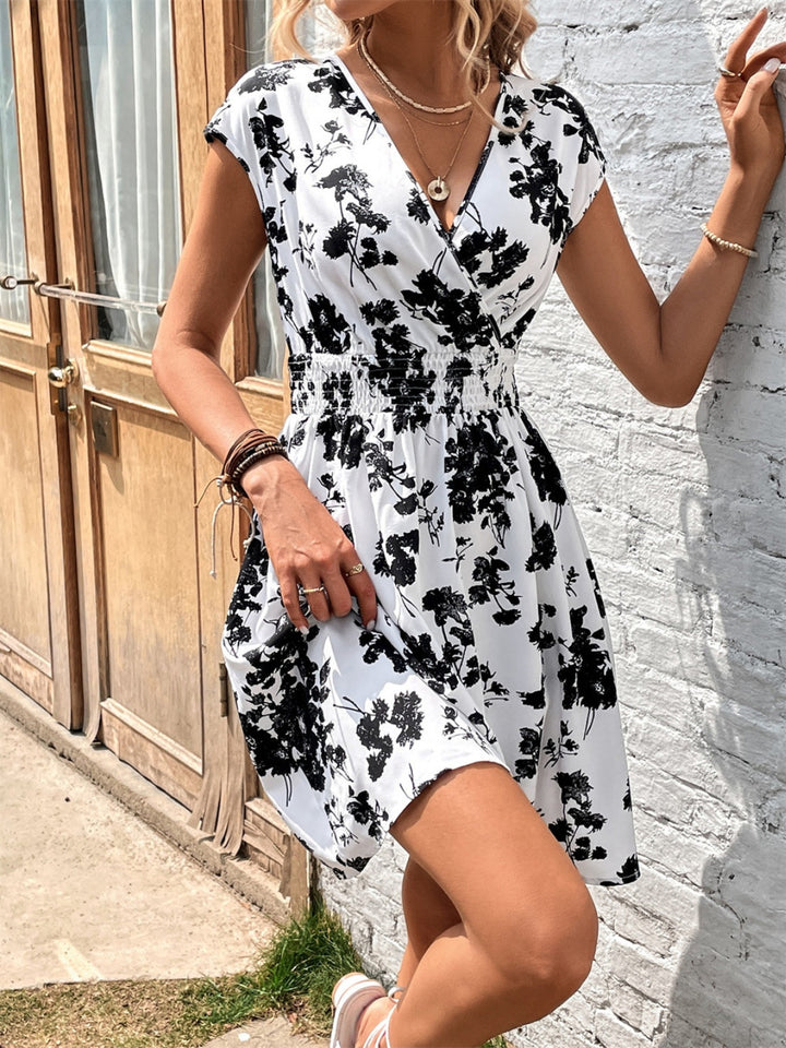 Printed Surplice Cap Sleeve Dress | Trendsi