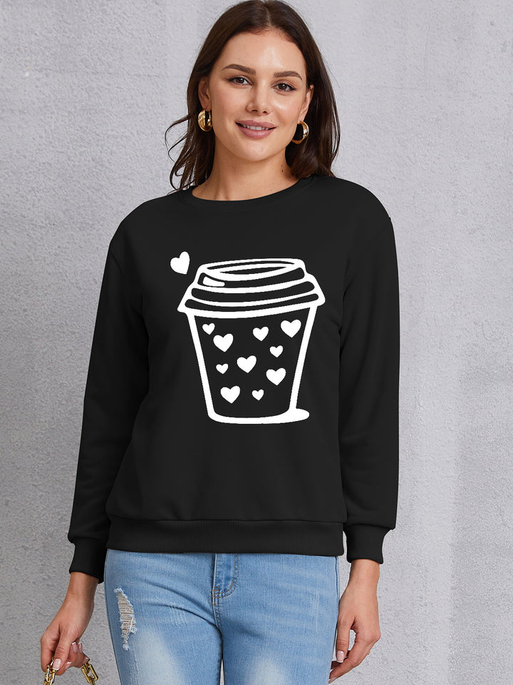 Coffee Graphic Round Neck Sweatshirt | Trendsi