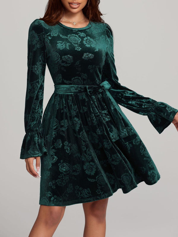 Tied Flower Print Round Neck Flounce Sleeve Dress | Trendsi