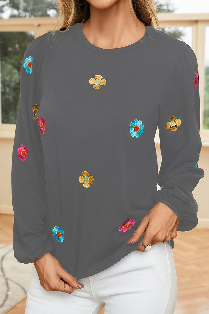 Flower Round Neck Balloon Sleeve Blouse | Trendsi