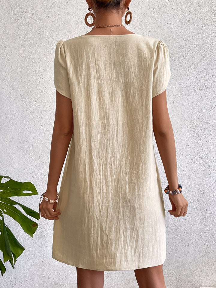 Decorative Button Asymmetrical Neck Short Sleeve Dress | Trendsi