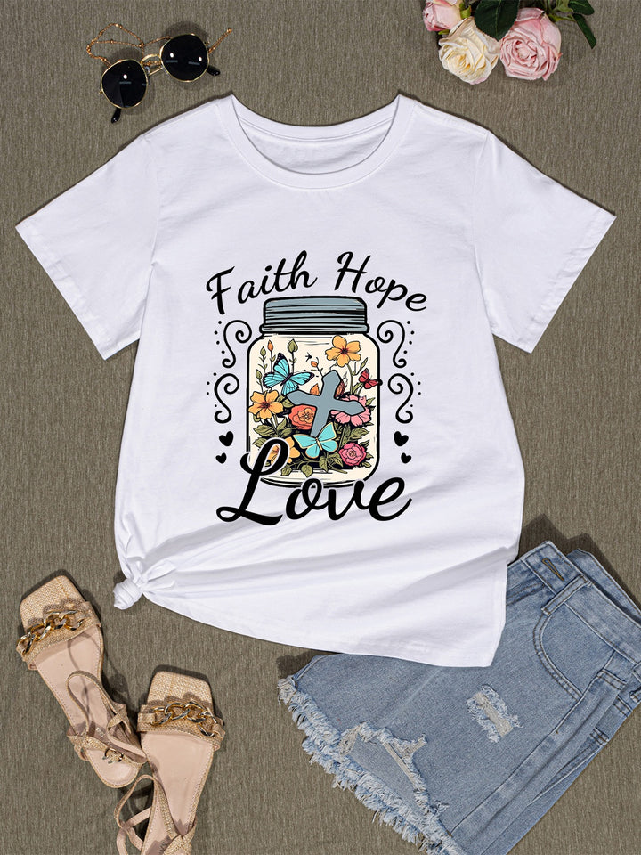 FAITH HOPE LOVE Round Neck T-Shirt | Trendsi