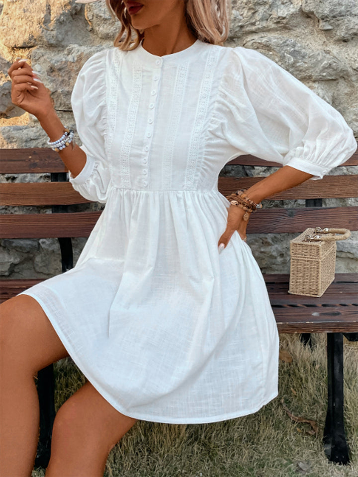 Lace Detail Half Button Three-Quarter Sleeve Dress | Trendsi