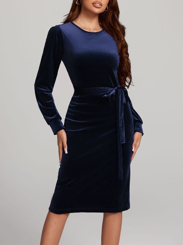 Round Neck Tie Waist Long Sleeve Velvet Dress | Trendsi