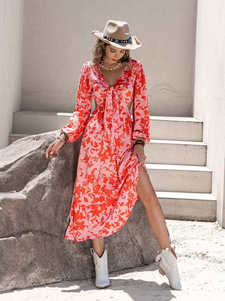 Tied Cutout Printed Long Sleeve Midi Dress | Trendsi