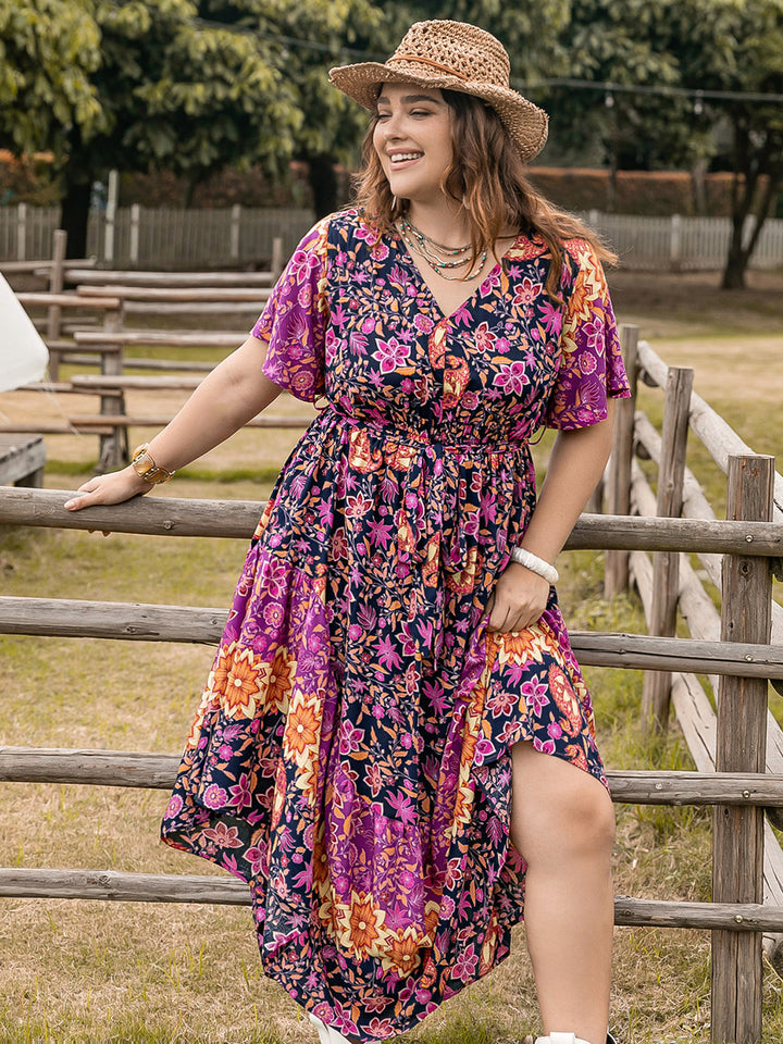 Plus Size Printed V-Neck Flutter Sleeve Midi Dress | Trendsi