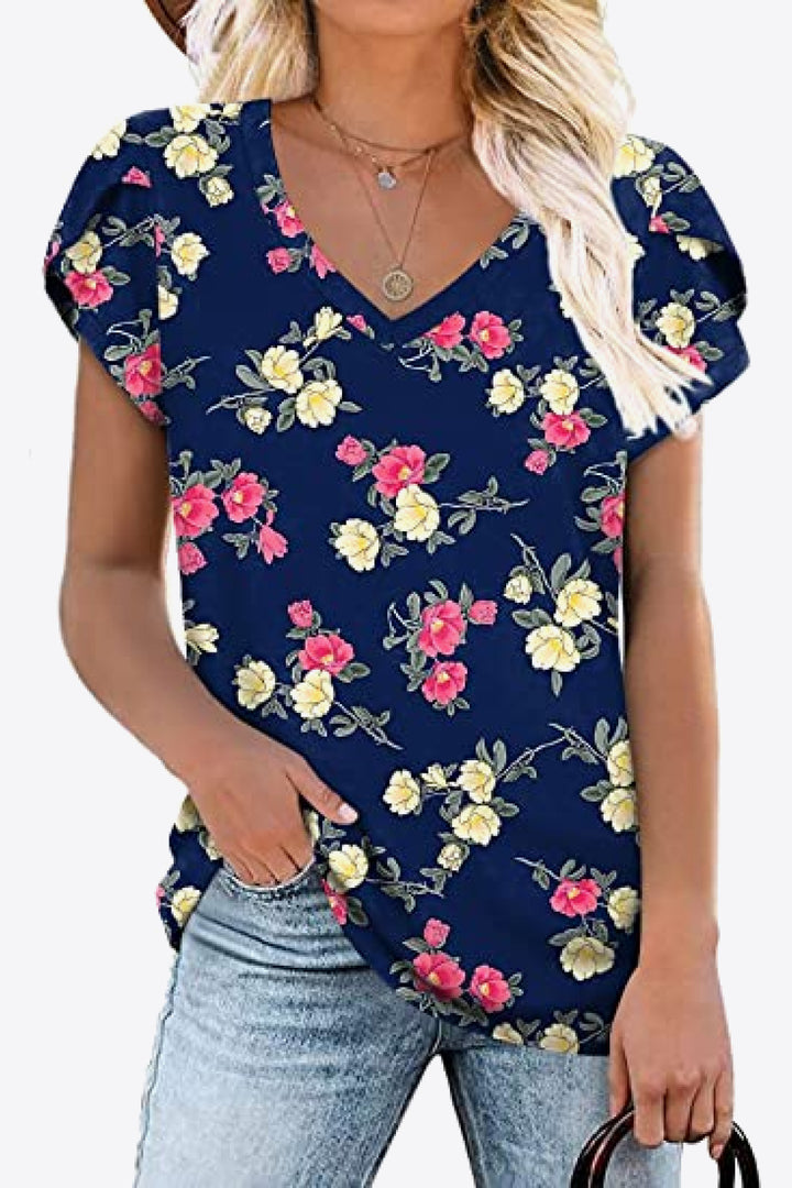 Printed Petal Sleeve V-Neck Blouse | Trendsi