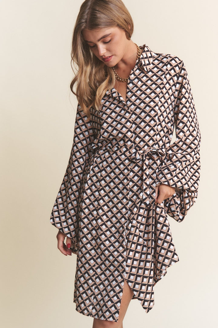 J.NNA Geometric Balloon Long Sleeve Midi Dress | Trendsi