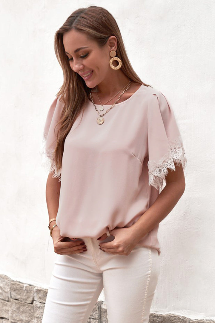 Lace Trim Flutter Sleeve Blouse | Trendsi