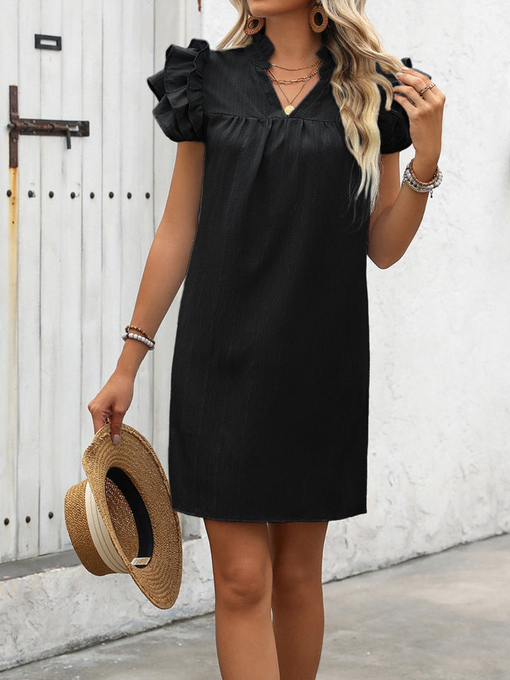 Ruffled Notched Cap Sleeve Mini Dress | Trendsi