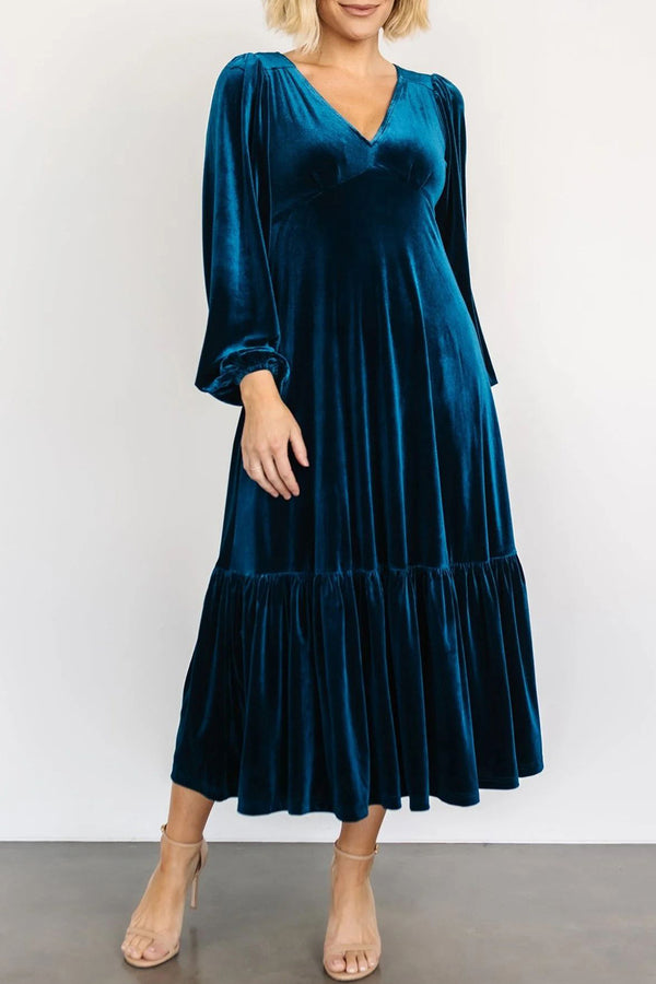 V-Neck Long Sleeve Midi Velvet Dress | Trendsi