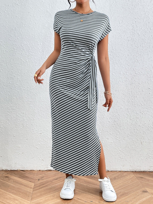 Tied Striped Round Neck Short Sleeve Tee Dress | Trendsi