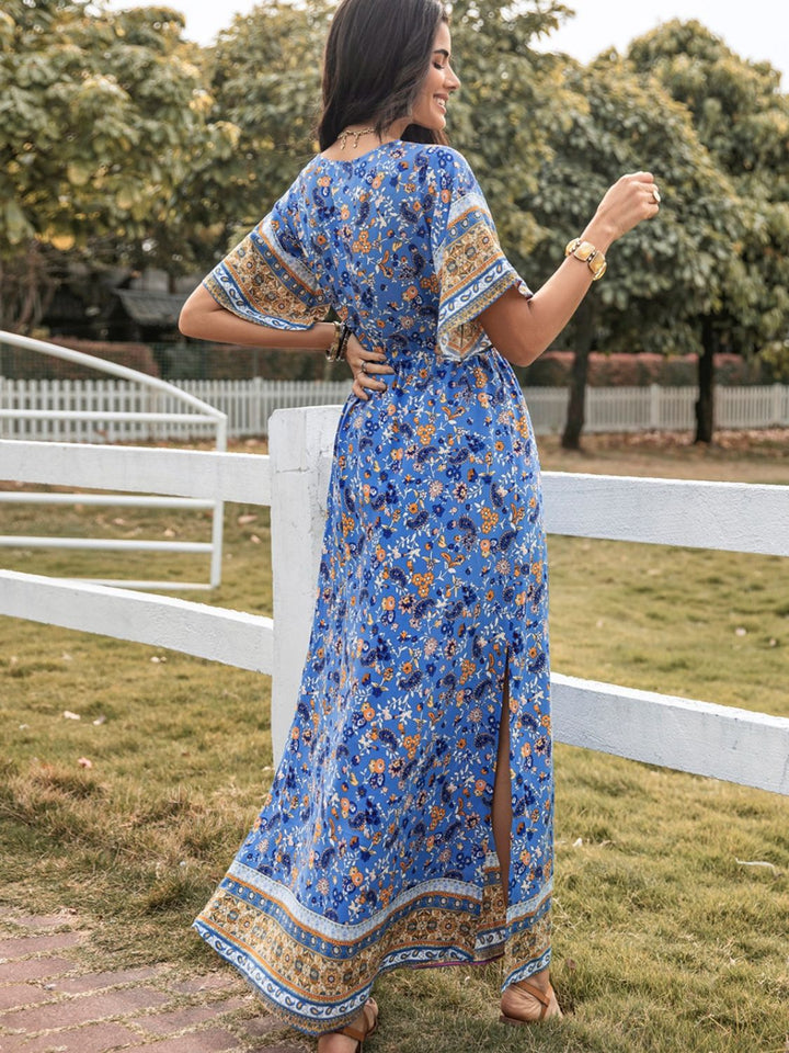 Slit Printed V-Neck Half Sleeve Maxi Dress | Trendsi