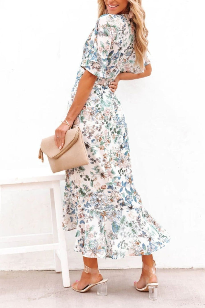 High-Low Printed Surplice Flutter Sleeve Midi Dress | Trendsi