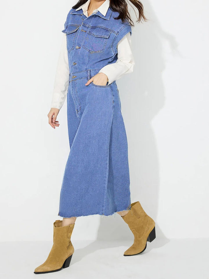 Slit Half Button Collared Neck Cap Sleeve Denim Dress | Trendsi