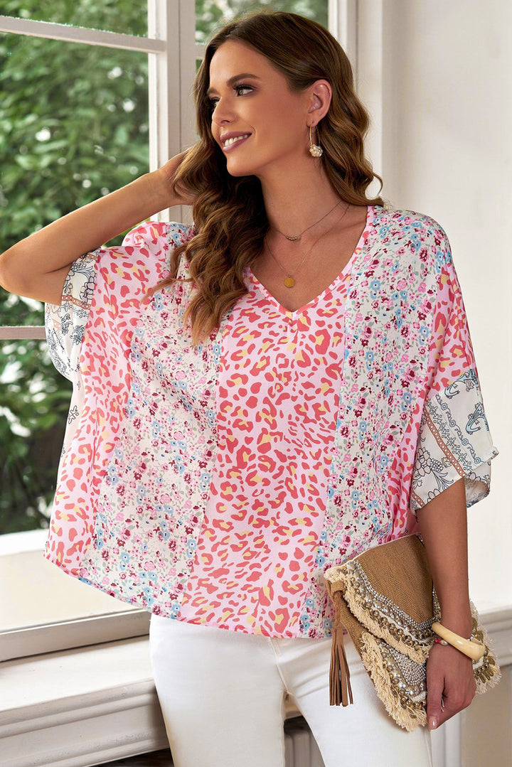 Mixed Print V-Neck Blouse | Trendsi