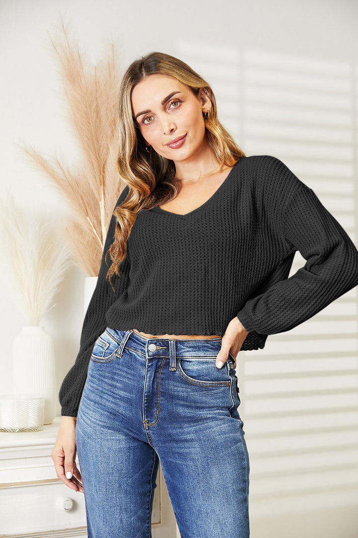 Full Size Waffle-Knit V-Neck Blouse | Trendsi