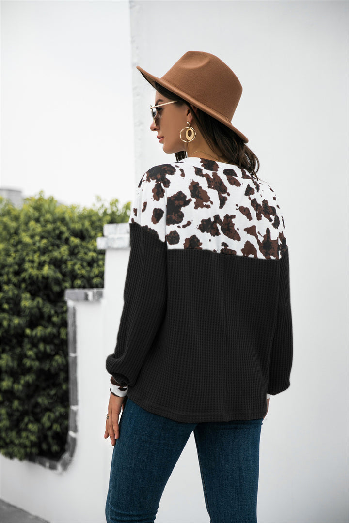 Animal Print Color Block Waffle-Knit Top | Trendsi