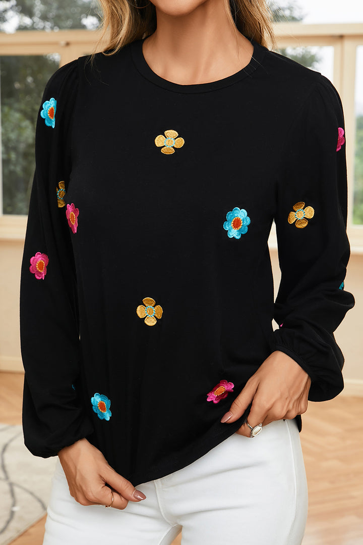 Flower Round Neck Balloon Sleeve Blouse | Trendsi