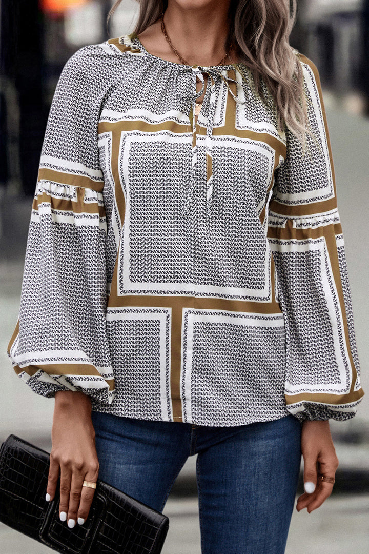 Printed Tie Neck Balloon Sleeve Blouse | Trendsi