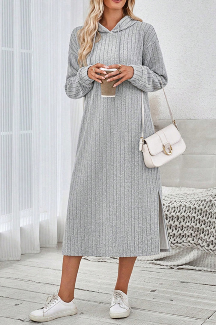 Side Slit Drawstring Long Sleeve Hooded Dress | Trendsi