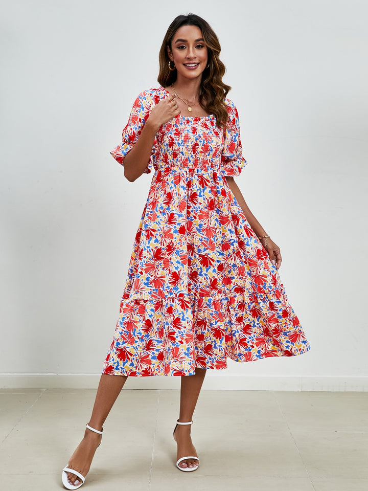 Smocked Floral Square Neck Short Sleeve Dress | Trendsi