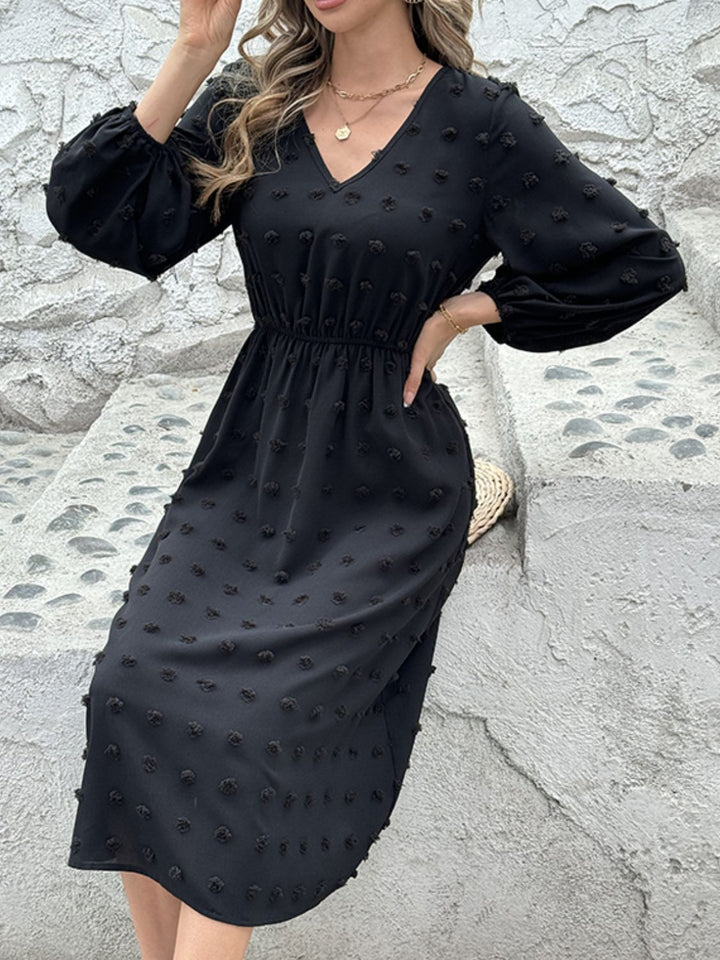 Full Size Swiss Dot V-Neck Long Sleeve Midi Dress | Trendsi