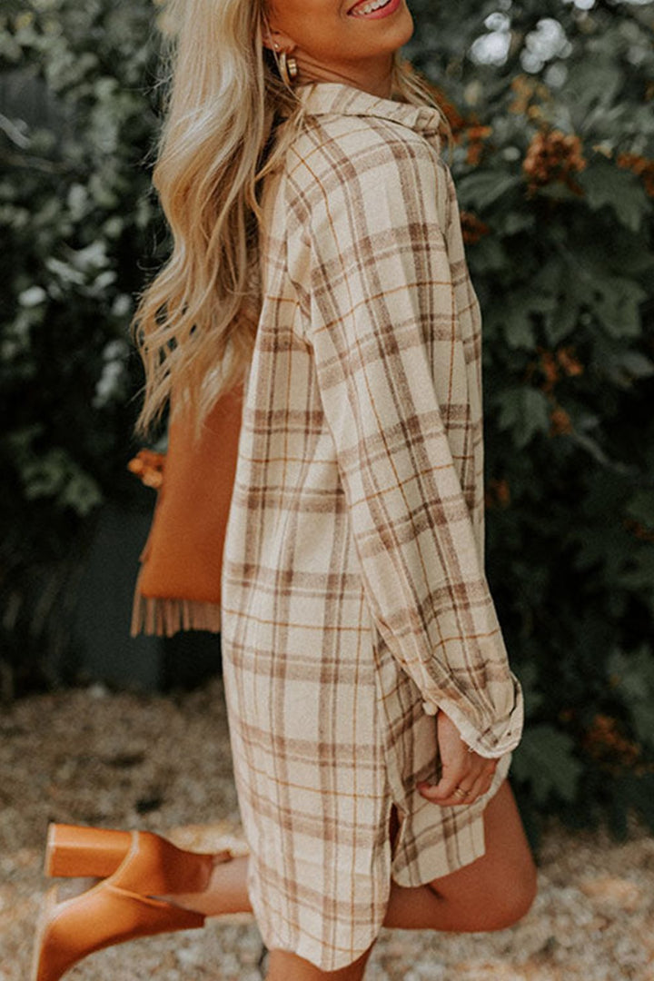 Plaid Collared Neck Long Sleeve Mini Shirt Dress | Trendsi