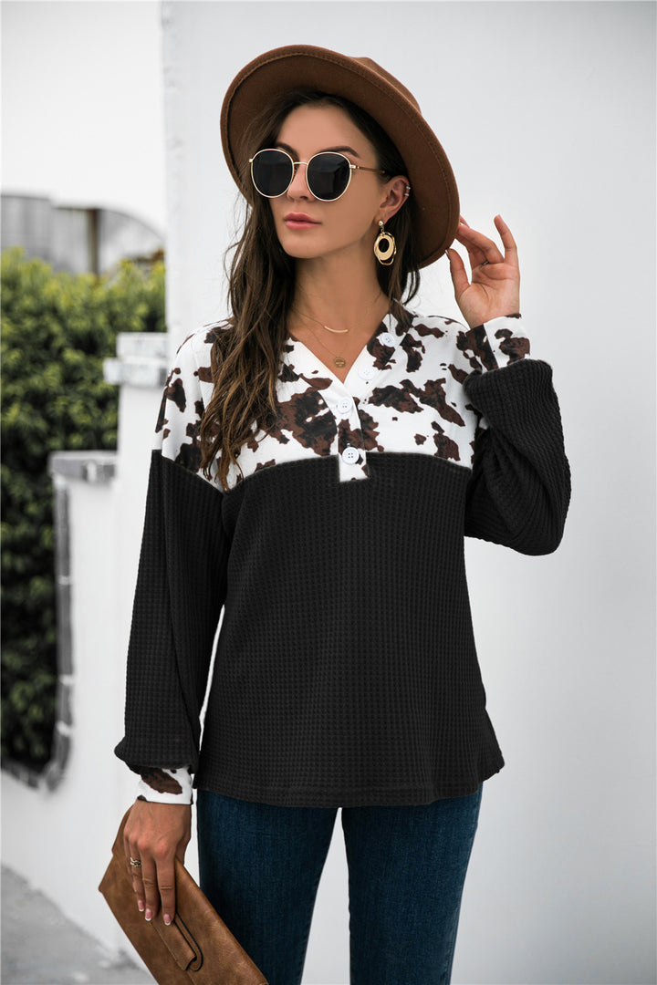 Animal Print Color Block Waffle-Knit Top | Trendsi