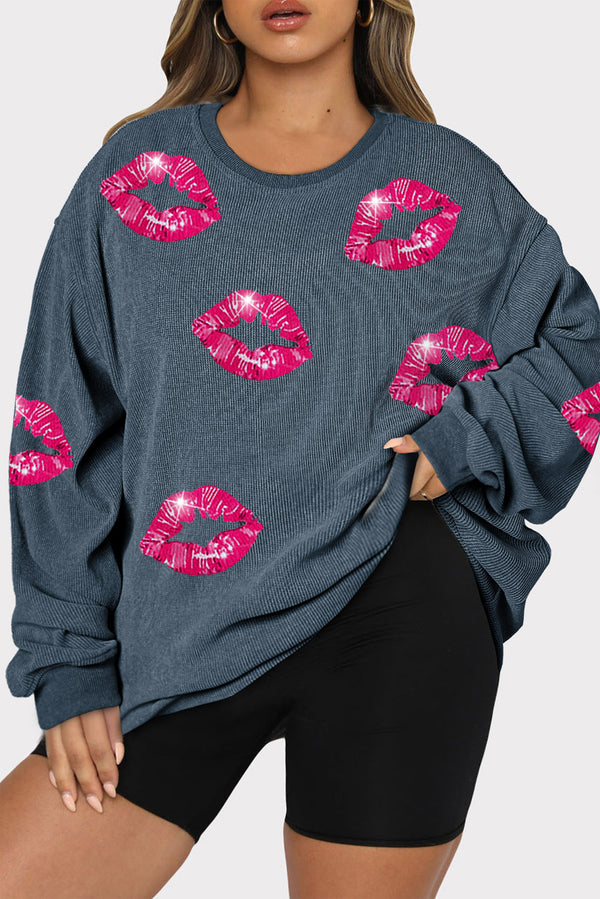 Plus Size Lip Ribbed Round Neck Sweatshirt | Trendsi