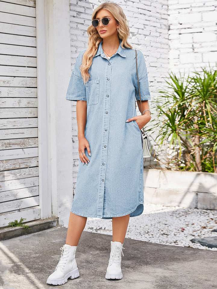 Button Down Half Sleeve Denim Dress | Trendsi