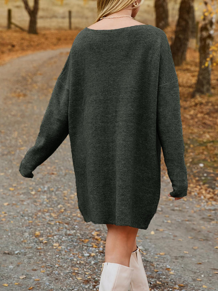 V-Neck Dropped Shoulder Sweater Dress | Trendsi