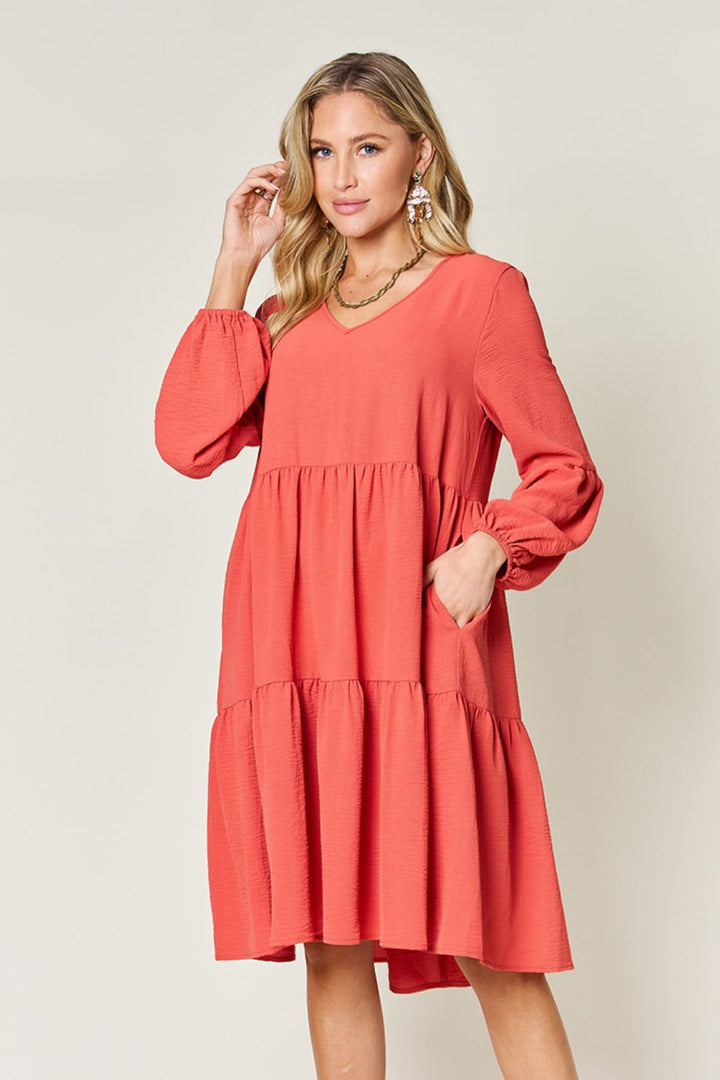 Double Take Full Size V-Neck Balloon Sleeve Tiered Dress | Trendsi