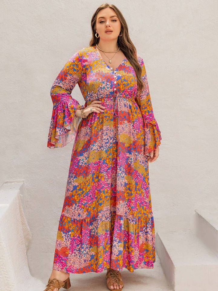 Plus Size Printed V-Neck Long Sleeve Maxi Dress | Trendsi