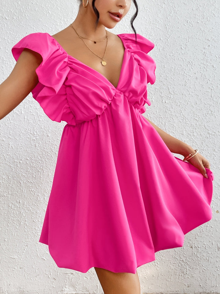 Ruffled V-Neck Cap Sleeve Mini Dress | Trendsi