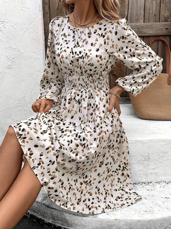 Printed Round Neck Long Sleeve Dress | Trendsi