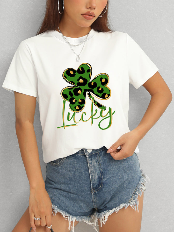 Lucky Clover Round Neck Short Sleeve T-Shirt | Trendsi