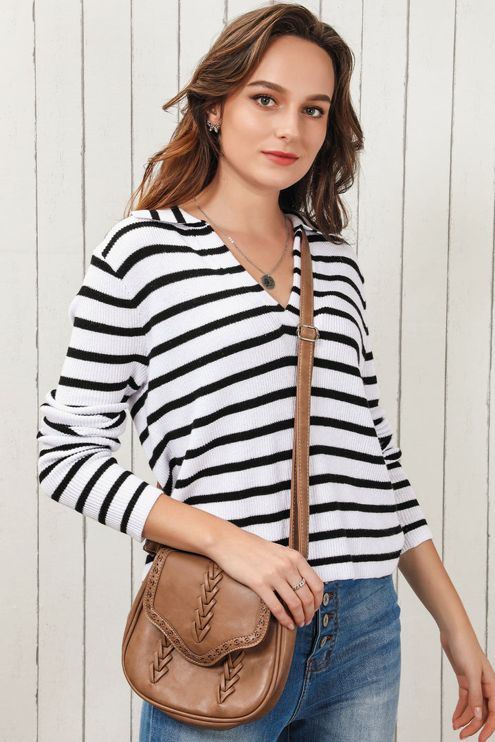 Double Take Striped Johnny Collar Long Sleeve Knit Top | Trendsi