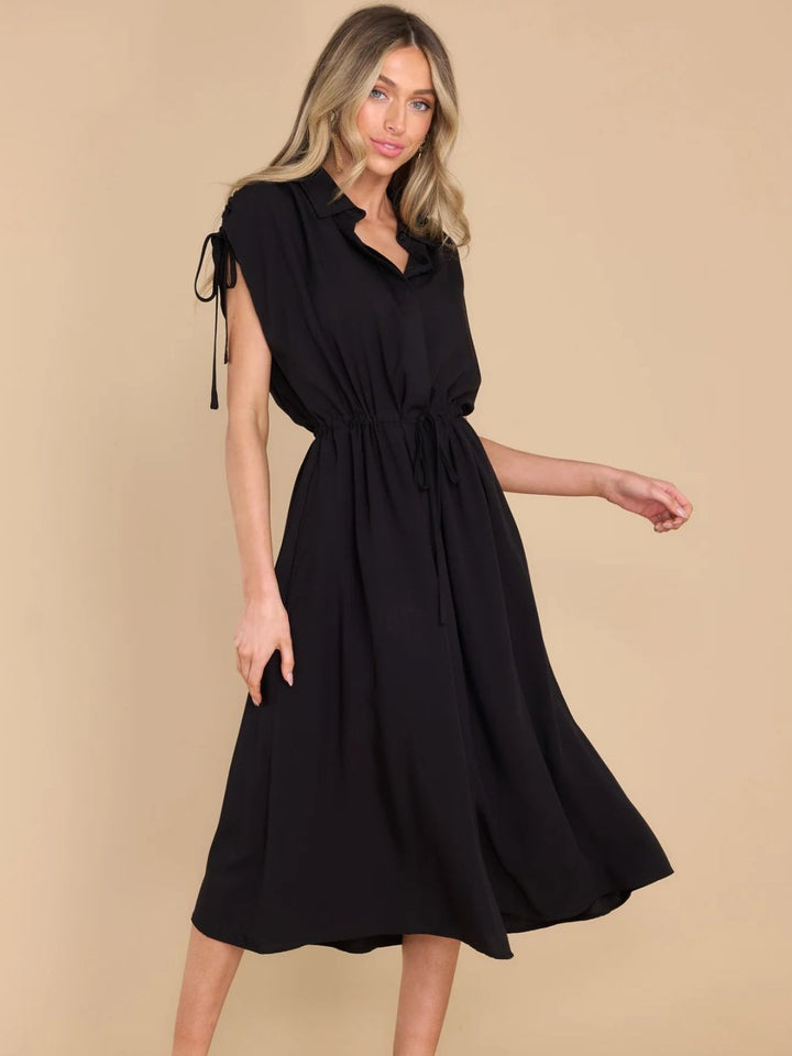 Drawstring Collared Neck Short Sleeve Midi Dress | Trendsi