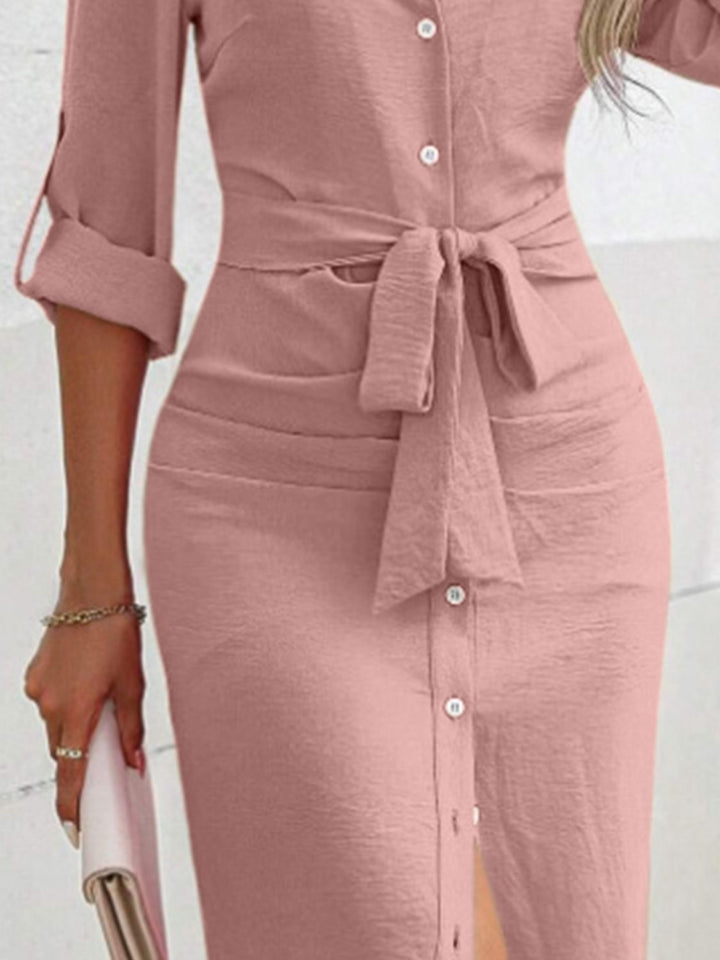 Tied Button Up Collared Neck Roll-Tab Sleeve Dress | Trendsi