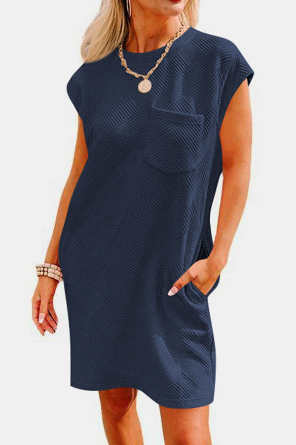 Textured Round Neck Cap Sleeve Dress | Trendsi