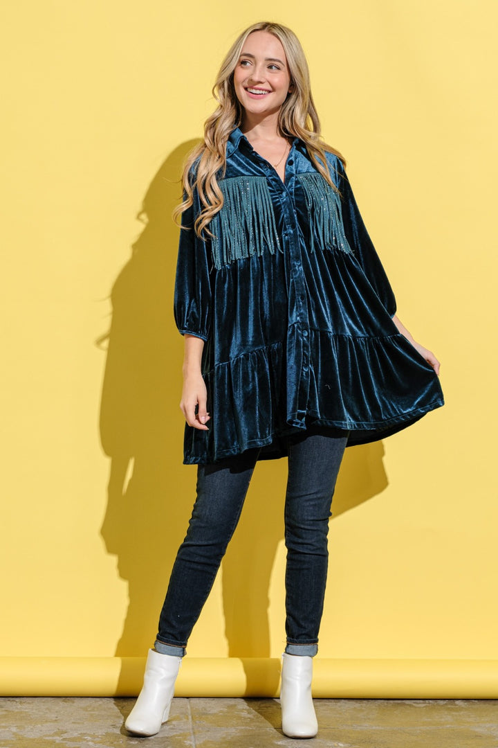 And The Why Fringe Detailed Velvet Shirt Dress | Trendsi