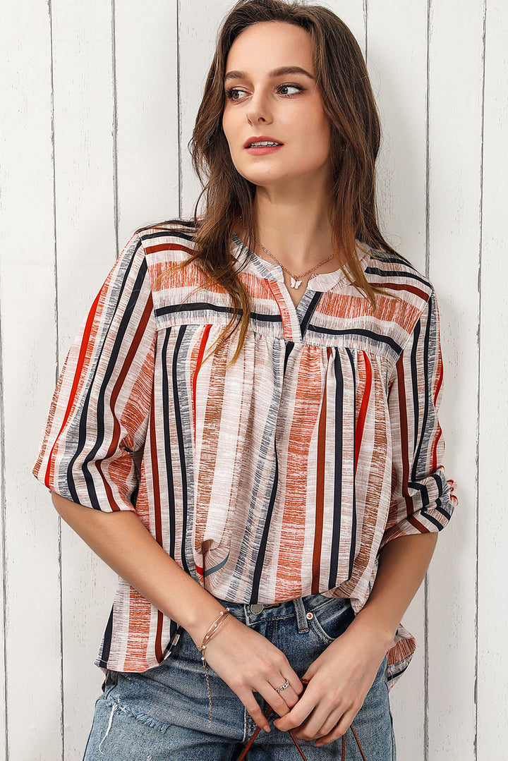 Multicolored Stripe Notched Neck Top | Trendsi