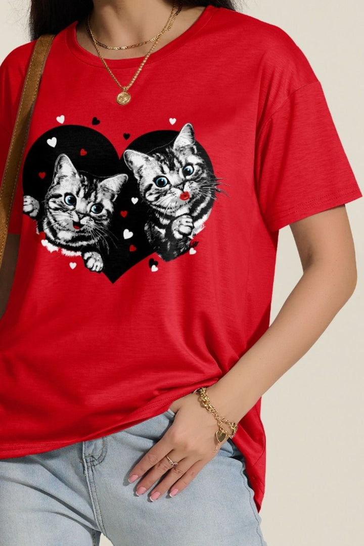 Cat Round Neck Dropped Shoulder T-Shirt | Trendsi