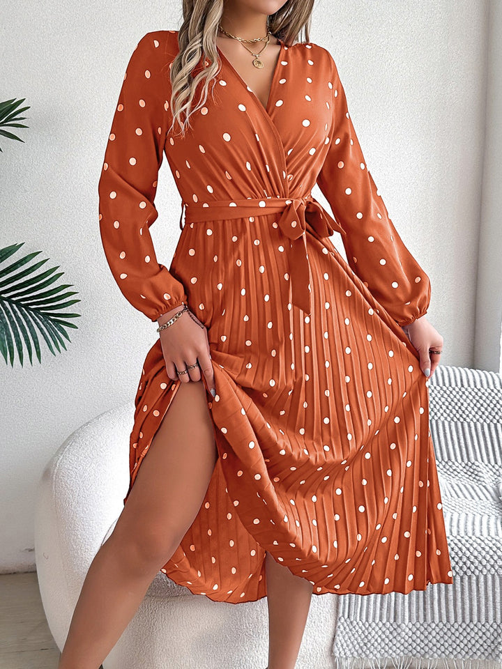 Tied Polka Dot Long Sleeve Midi Dress | Trendsi