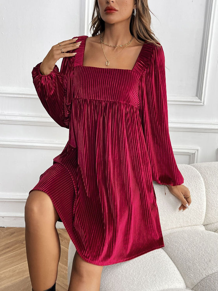 Perfee Tied Pocketed Square Neck Long Sleeve Dress | Trendsi